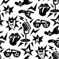 A pattern with elements of punk rock music, seamless on a white background. Black design elements, fingers, hands, star Royalty Free Stock Photo