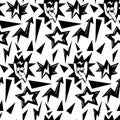 A pattern with elements of punk rock music, seamless on a white background. Black design elements, fingers, hands, star