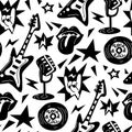 A pattern with elements of punk rock music, seamless on a white background. Black design elements, fingers, hands, star Royalty Free Stock Photo