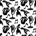A pattern with elements of punk rock music, seamless on a white background. Black design elements, fingers, hands, star
