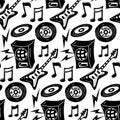 A pattern with elements of Punk rock music, seamless on a white background. Black design elements, guitar, speaker Royalty Free Stock Photo