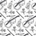 The pattern of the elements of the theme of the weekend in the contour style. Monochrome contoured cello, bow, knife