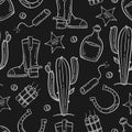 A pattern with elements of the wild West in the doodle style on a black background Vector illustration Royalty Free Stock Photo