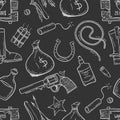 A pattern with elements of the wild West in the doodle style on a black background Vector illustration Royalty Free Stock Photo
