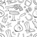 A pattern with elements of the wild West in the doodle style on a white background Vector illustration Royalty Free Stock Photo