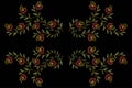 Pattern for embroidery with a satin stitch of wavy twigs with green leaves and red carnations