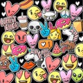 Pattern of emoticons stickers, emoji smile faces on a black background Royalty Free Stock Photo