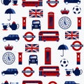 Seamless pattern of English symbols: taxi, post box, telephone, teapot and cup ,Double Decker Bus, lamp.