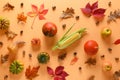 Pattern of fall harvest, pumpkins, apples, colorful autumn leaves on orange. Thanksgiving Day and Halloween. View from above Royalty Free Stock Photo