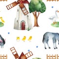 Watercolor seamless pattern with windmill,tree,fence,donkey,goose,chicken