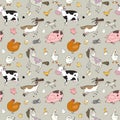 Pattern with farm animals. Cute cartoon horse, cow and goat, sheep and goose, chicken and pig.