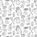 Pattern with farm products line art. Milk containers, lids, cans, mugs, homemade quail eggs, glass.