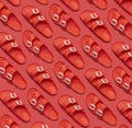 Pattern of Fashionable beach coral sandals on bright coral background. Flat lay top view copy space. Creative beach concept, Royalty Free Stock Photo