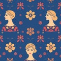 Pattern features stylized profiles and faces of a woman with blond hair, set again Royalty Free Stock Photo