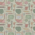 Pattern featuring kitchen utensils and objects. Illustrated elements include knives, whisks, Royalty Free Stock Photo