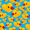 pattern featuring many isometric yellow rubber ducks on a bright blue background. Playful and vibrant bathroom ornament for Royalty Free Stock Photo