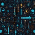 Pattern Featuring Scientific Icons, Microscopes, Atoms, Mathematical Symbols, and Tech Elements Royalty Free Stock Photo