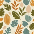 Pattern featuring stylized leaves in orange, green, and blue hues on a light beige background. The Royalty Free Stock Photo