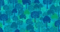 Pattern featuring stylized trees in various shades of blue and green. The design Royalty Free Stock Photo