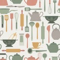 A pattern featuring various kitchen utensils, including teapots, frying pans, rolling pins, Royalty Free Stock Photo