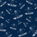 Pattern with female snowboarders. Vector illustration with deep blue background and white outline doodles of sportswomen on boards Royalty Free Stock Photo
