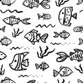 Seamless pattern with vector fish for background, postcard, cover, wallpaper, banner. Hand drawn cute inhabitants of the sea