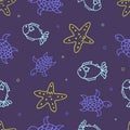 Pattern with fish, starfish and turtle in doodle style. Doodle fish pattern. Underwater silhouette background. Cartoon animal Royalty Free Stock Photo