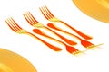 Pattern of five golden forks and plates on white background with abstract reflections Royalty Free Stock Photo