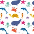 Pattern of flat illustrations of marine life marine fish and animals. Dolphins and whales, sharks and octopuses, jellyfish and sea
