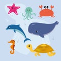 Pattern of flat illustrations of marine life marine fish and animals. Dolphins and whales, sharks and octopuses, jellyfish and sea Royalty Free Stock Photo