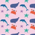 Pattern of flat illustrations of marine life marine fish and animals. Dolphins and whales, sharks and octopuses, jellyfish and sea Royalty Free Stock Photo