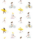 Pattern of flat women with surf, skate, scooter