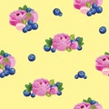 Pattern with flowers and blueberries. Vector seamless texture.