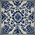 pattern with flowers _A close-up of a Dutch blue tile with a ceramic texture and a vintage design Royalty Free Stock Photo