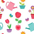 Pattern of flowers in pots and watering cans Royalty Free Stock Photo