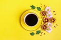 Pattern of flowers of red and white asters, green leaves and a cup of hot coffee Americano on yellow background Royalty Free Stock Photo