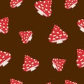 Pattern with fly agaric on a brown background, red poisonous mushrooms with white spots. Vector illustration