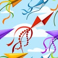 Pattern of fly kite on blue sky with white clouds, colorful kite cartoon style flat vector illustration horizontal banner Royalty Free Stock Photo