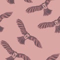 Pattern of flying owls on a lilac background