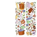 Pattern with food and kitchen utencil. Cooking class, menu for restaurant, banners for stores Royalty Free Stock Photo