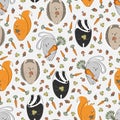 Pattern with forest animals from a hare, a squirrel, a hedgehog and a badger on a gray background.