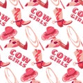 A pattern in the form of cartoon pink boots for a cowgirl, dynamite, a hat, a bull skull. Background for the party. The