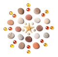 Pattern in the form of a circle of colored pebbles, starfish and orange glass beads isolated on white background Royalty Free Stock Photo