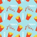 Pattern with french fried potatoes in red box packaging in blue background.