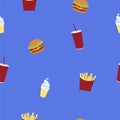 Pattern with french fry, burger, ice cream and soda fast food on blue background