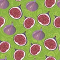 Pattern with fresh ripe delicious figs whole and half on green background