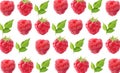 Pattern of fresh ripe raspberries and green leaves on background Royalty Free Stock Photo