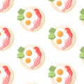 Pattern with fried eggs. Seamless pattern with scrambled eggs and bacon on a plate. Royalty Free Stock Photo