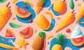 a pattern of fruit and ice cream on a pink background Royalty Free Stock Photo