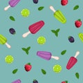 Pattern with fruit and Mexican Paletas ice cream on blue background.